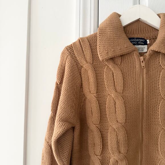Bambergers Men Vintage Camel Cable Knit Full Zip Collared Cardigan Small NWT New - Picture 2 of 9
